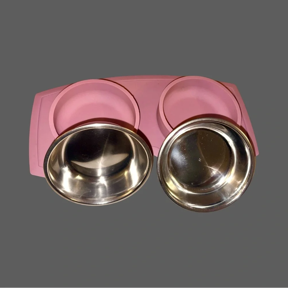 EveryYay Silicone pink double diner stainless steel 2 cup, cat or dog set